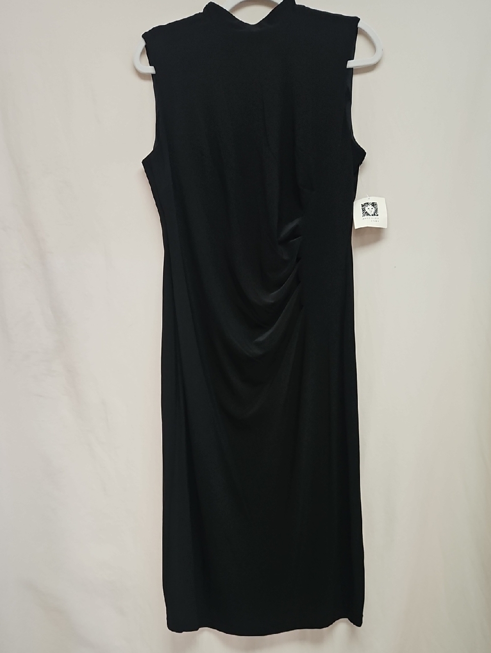 NWT Anne Klein Black Ruched Midi Sheath Dress 12 Draped Sleeveless LBD $95